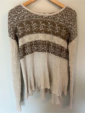 BKE Cream and Brown Colorblock Open-Knit Oversized Sweater Medium